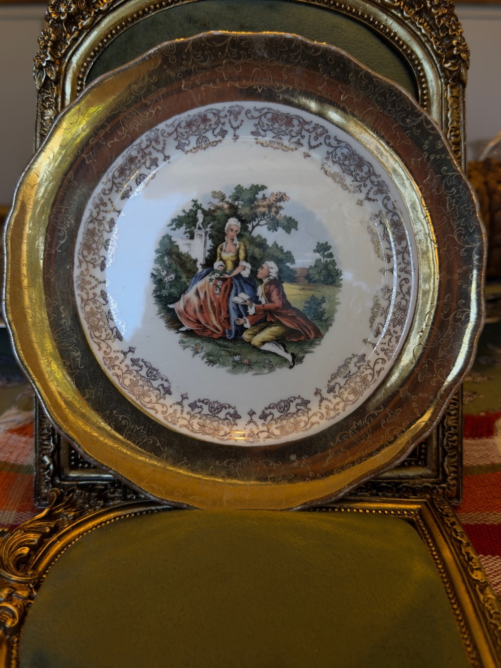Vintage 22K Gold Trim Courting Couple Plate, Fragonard Style